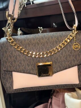 Michael Kors Brown Signature Crossbody with Blush Pink Flap & Gold Chain